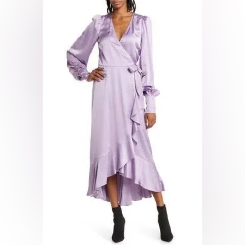 Lilac Satin Ruffle Wrap Dress